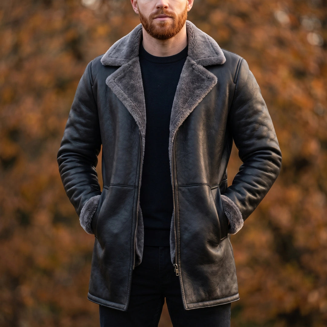 Godfrey Shearling Lined Vegan Leather Coat - Black
