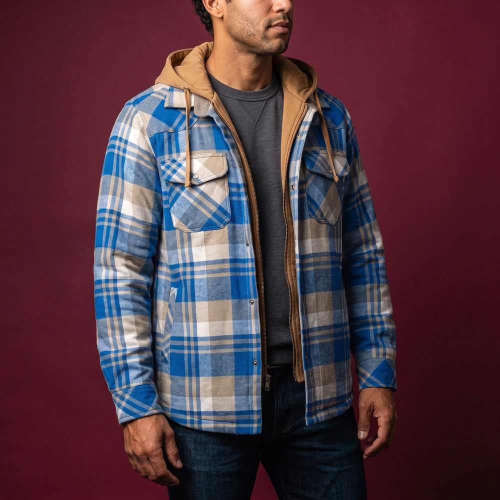 Grant Plaid Fleece Lined Hooded Jacket - Blue