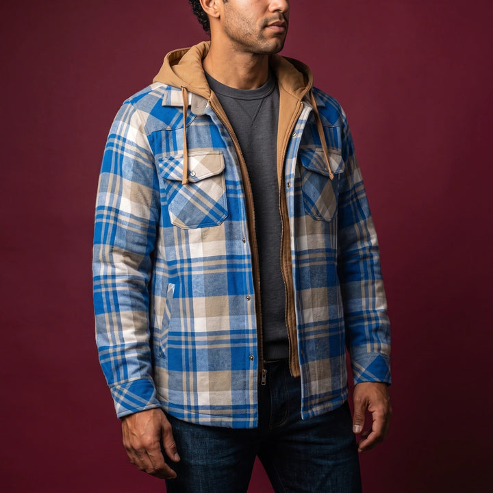 Grant Plaid Fleece Lined Hooded Jacket - Blue
