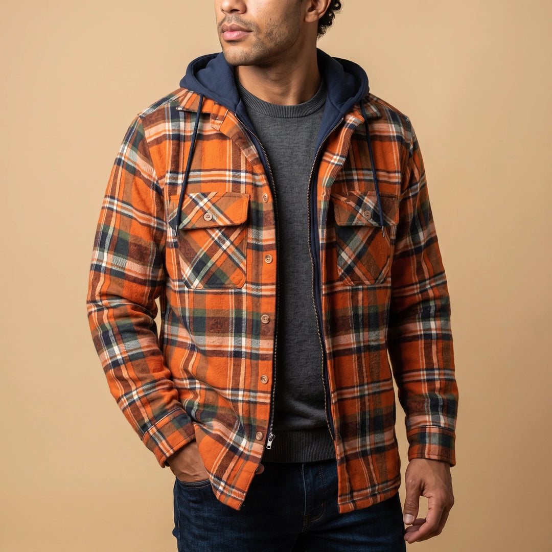Grant Plaid Fleece Lined Hooded Jacket - Orange