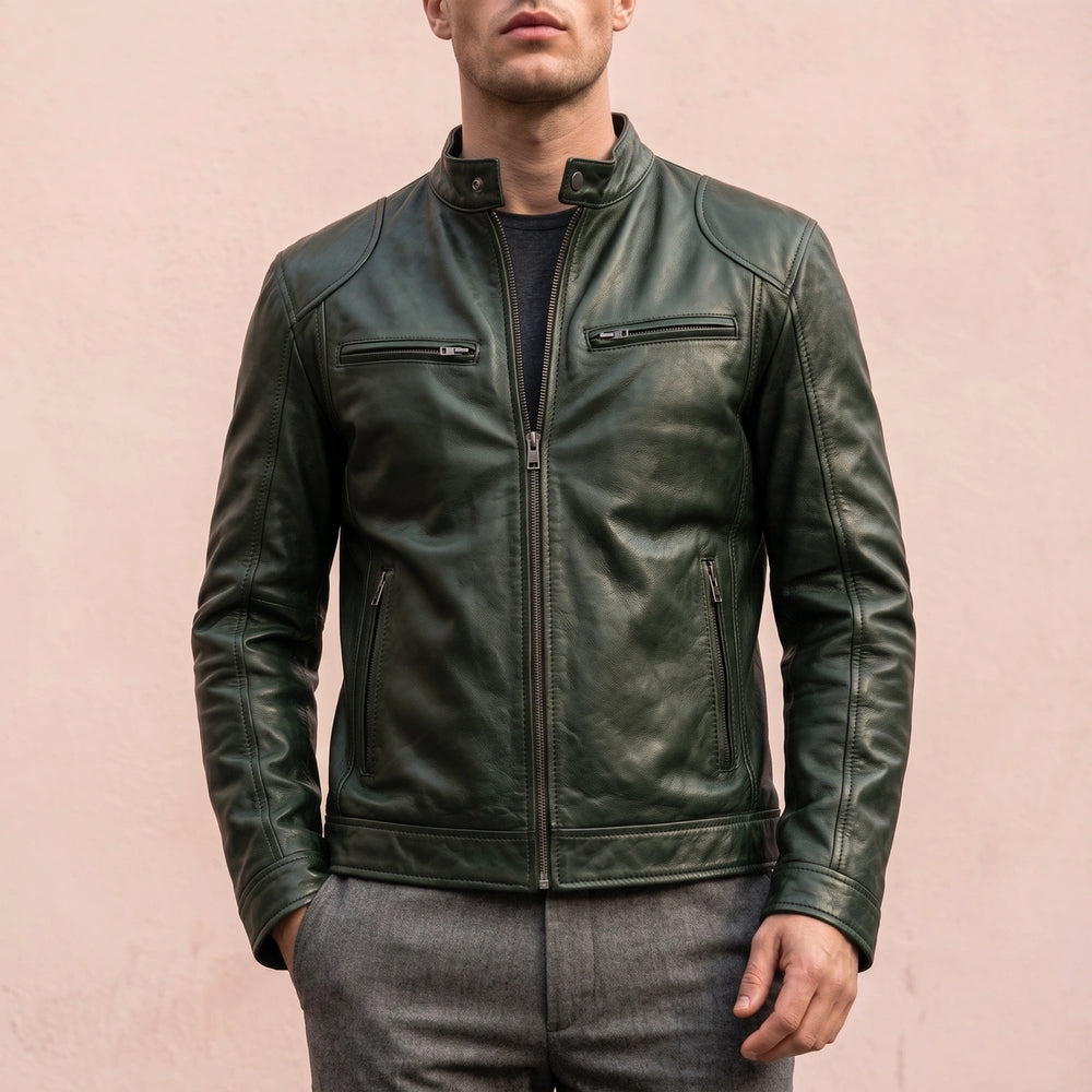 Grigor Vintage Leather Band Collar Jacket - Green