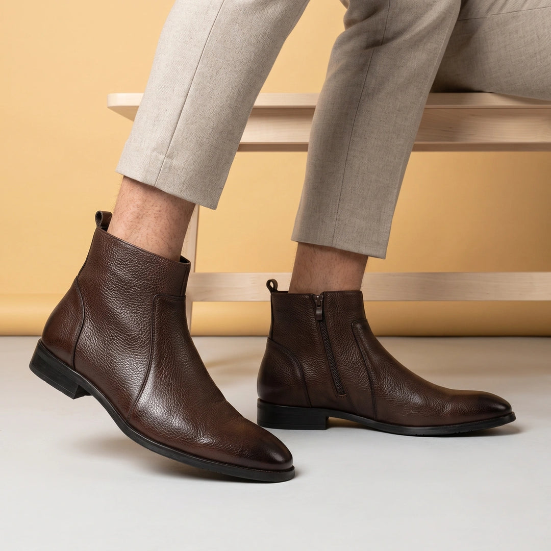 Guido Cowhide Leather Inside Zip Ankle Boots - Brown