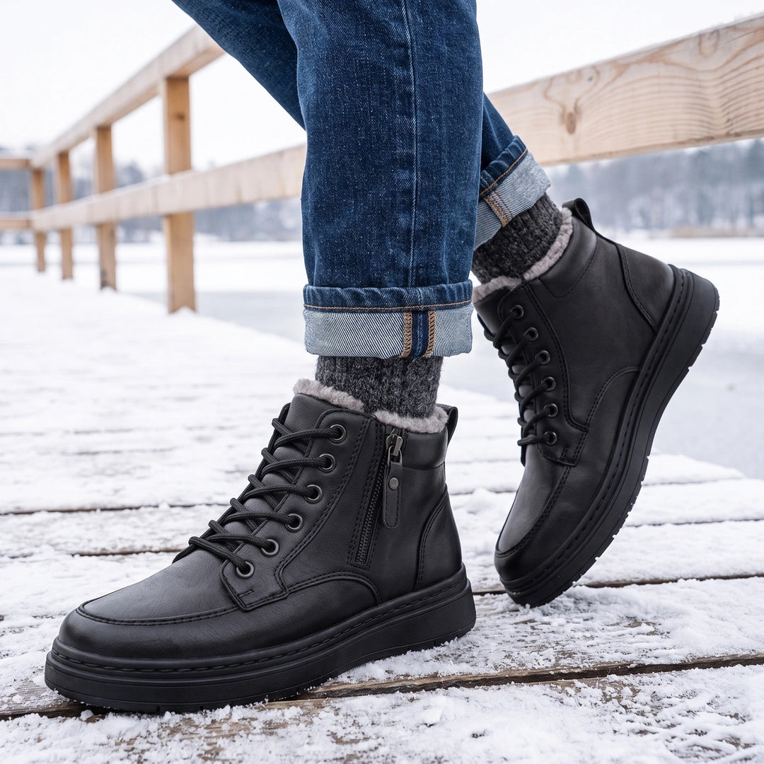 Gustav Shearling Collar Side Zip Winter Boots - Black