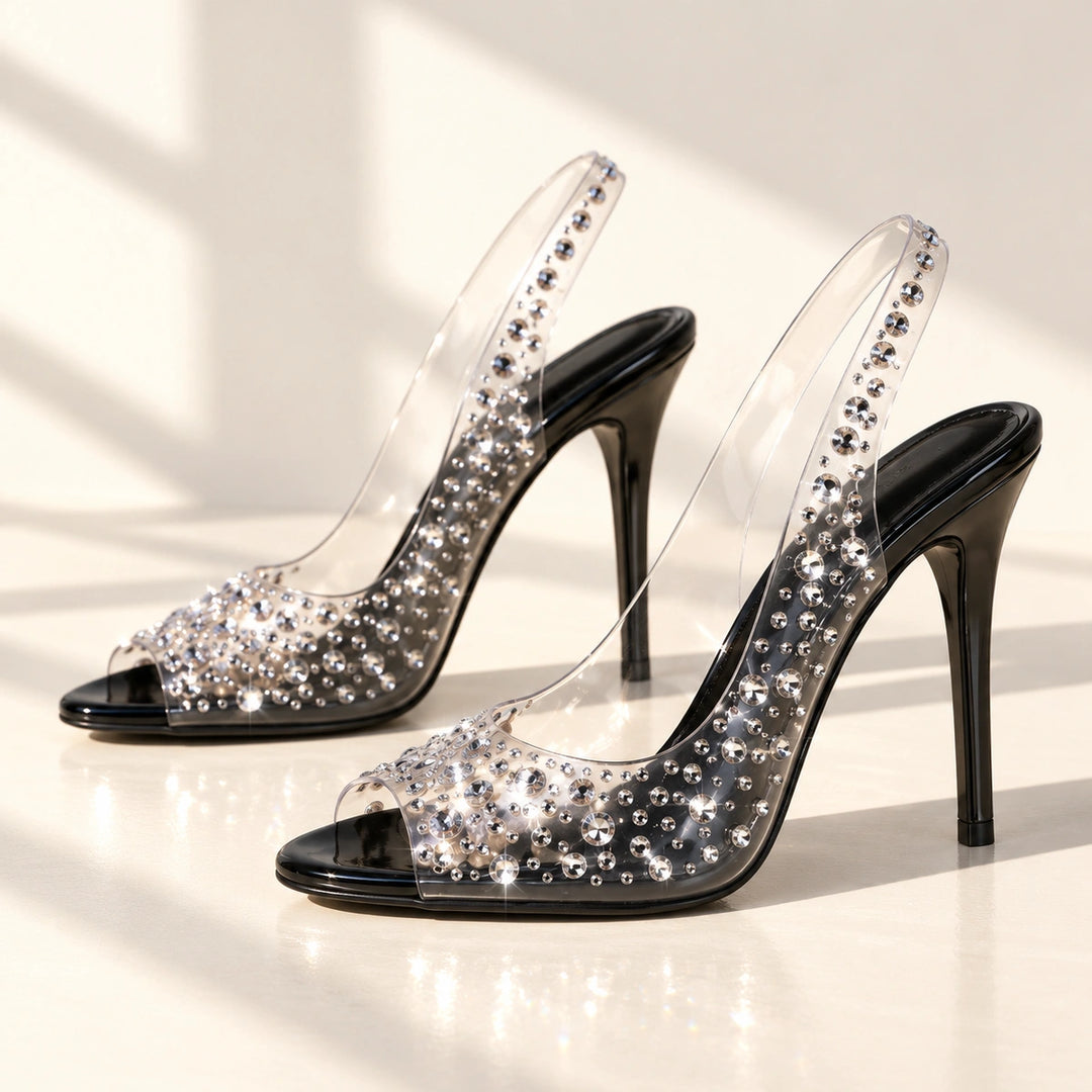Gwen Rhinestone Clear Slingback Stiletto Heels - Black