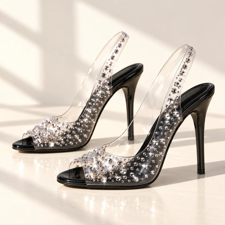 Gwen Rhinestone Clear Slingback Stiletto Heels - Black