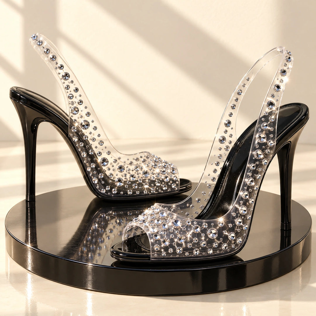 Gwen Rhinestone Clear Slingback Stiletto Heels - Black