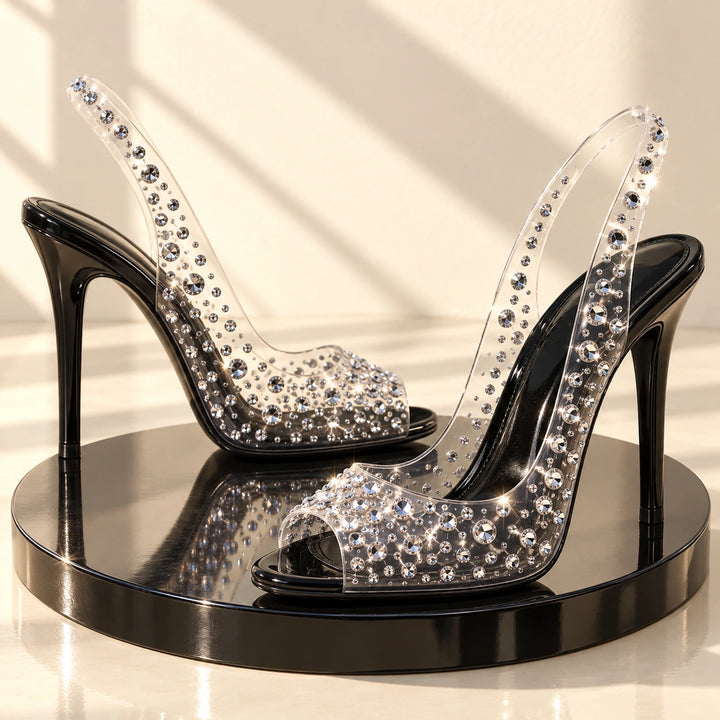 Gwen Rhinestone Clear Slingback Stiletto Heels - Black