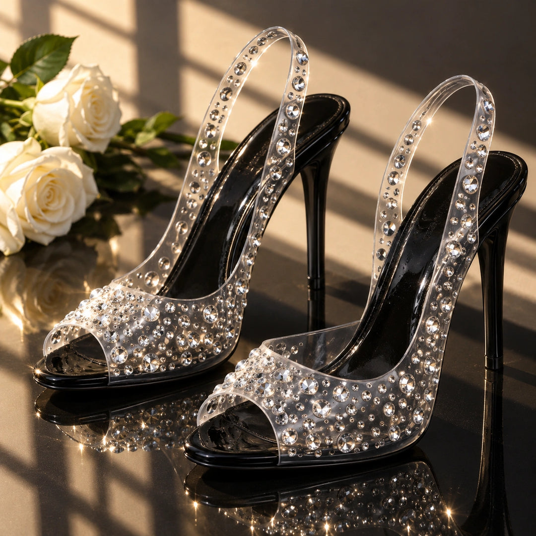 Gwen Rhinestone Clear Slingback Stiletto Heels - Black