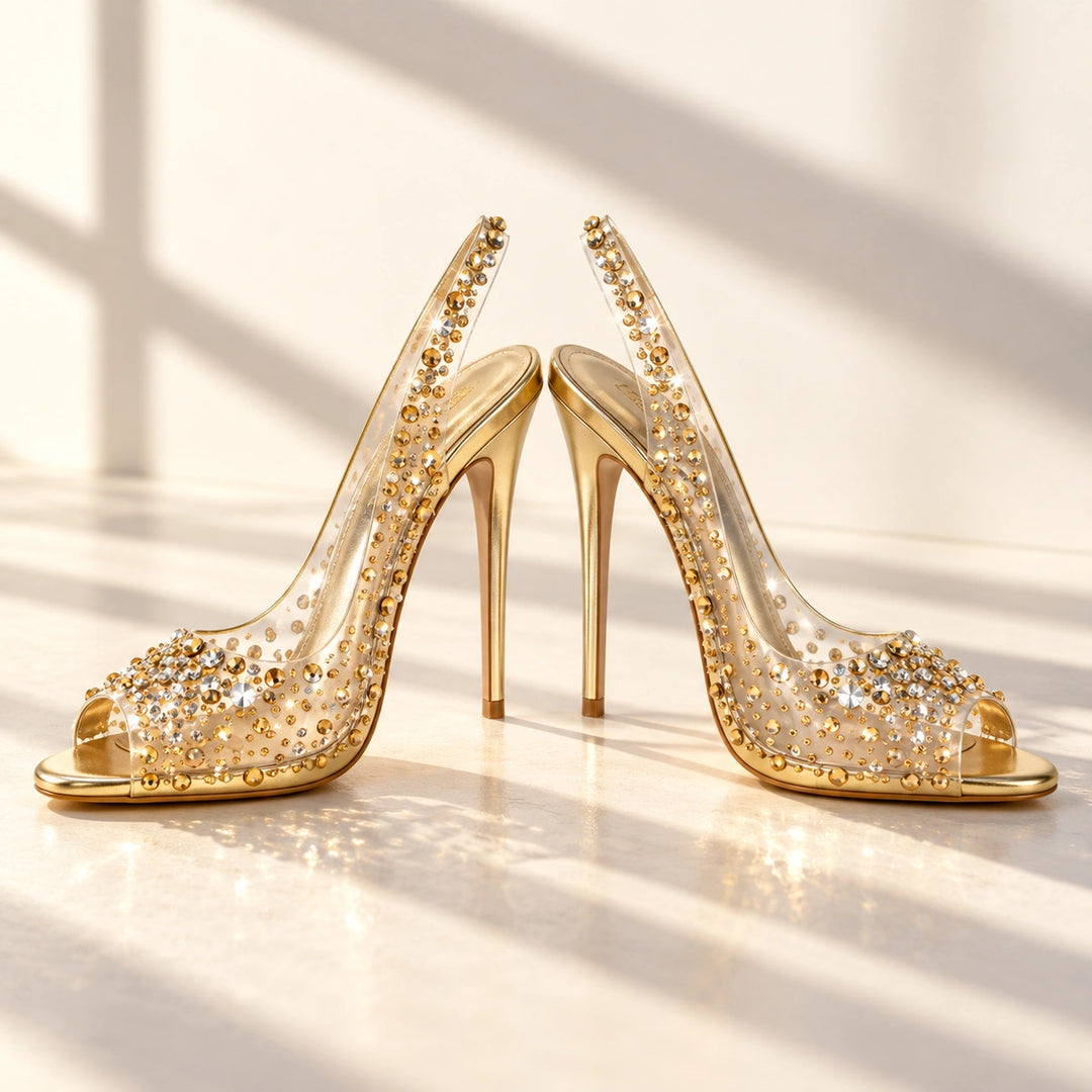 Gwen Rhinestone Clear Slingback Stiletto Heels - Champagne