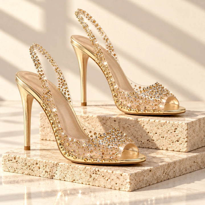 Gwen Rhinestone Clear Slingback Stiletto Heels - Champagne