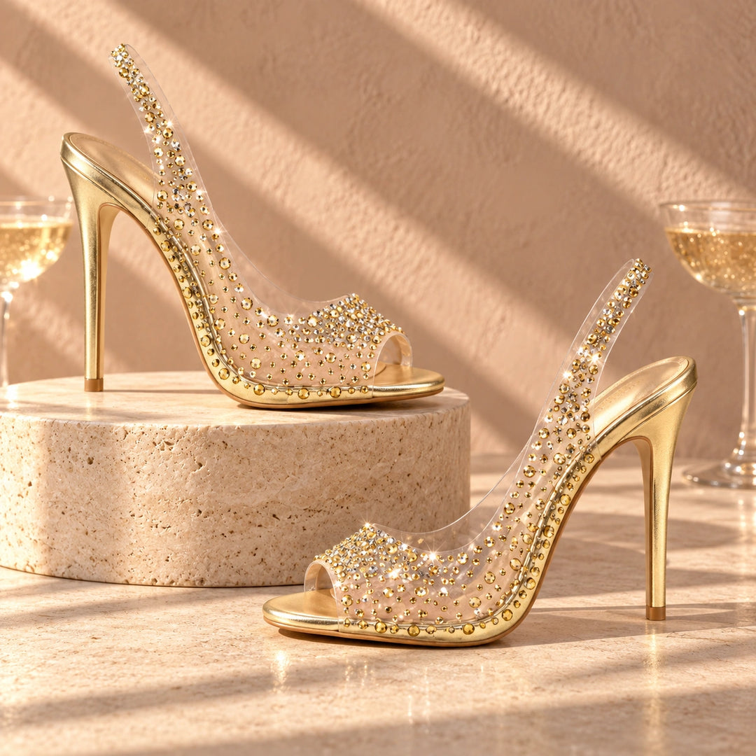Gwen Rhinestone Clear Slingback Stiletto Heels - Champagne