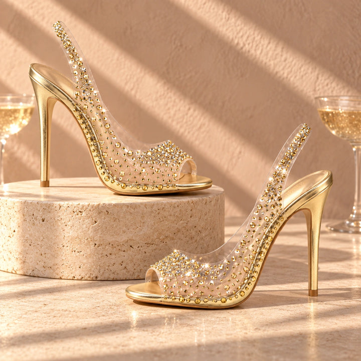 Gwen Rhinestone Clear Slingback Stiletto Heels - Champagne