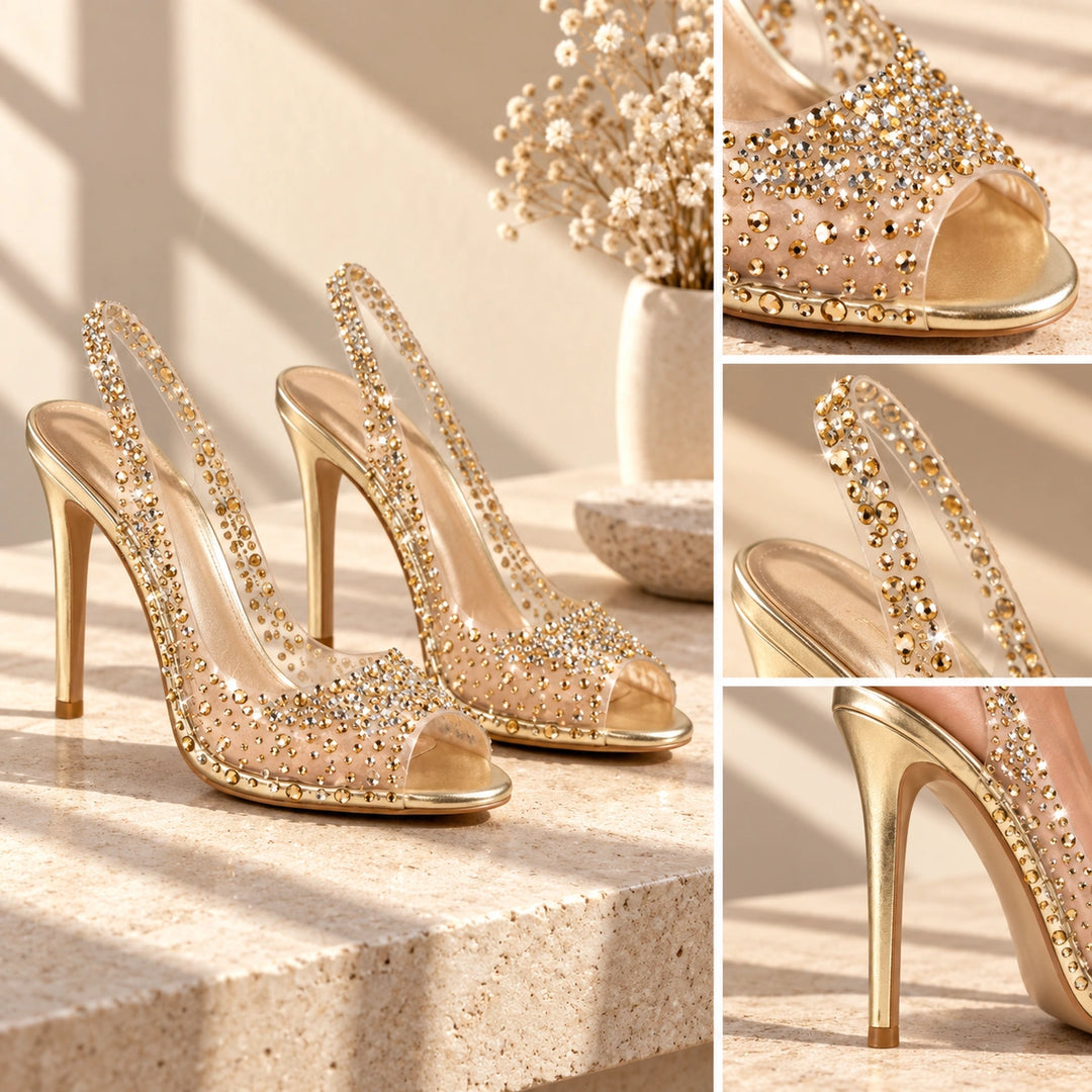 Gwen Rhinestone Clear Slingback Stiletto Heels - Champagne