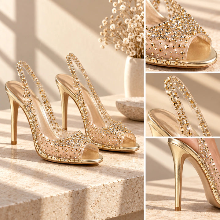 Gwen Rhinestone Clear Slingback Stiletto Heels - Champagne