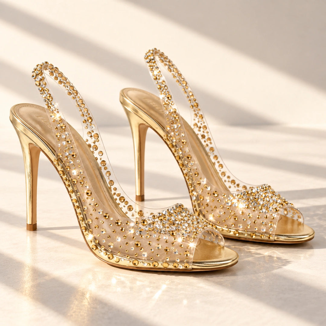 Gwen Rhinestone Clear Slingback Stiletto Heels - Champagne