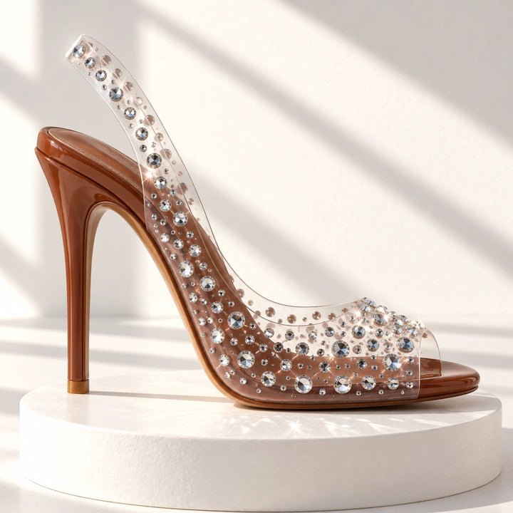 Gwen Rhinestone Clear Slingback Stiletto Heels - Chestnut