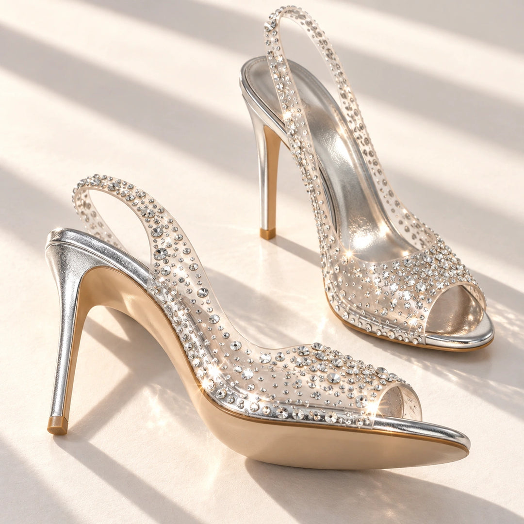 Gwen Rhinestone Clear Slingback Stiletto Heels - Silver