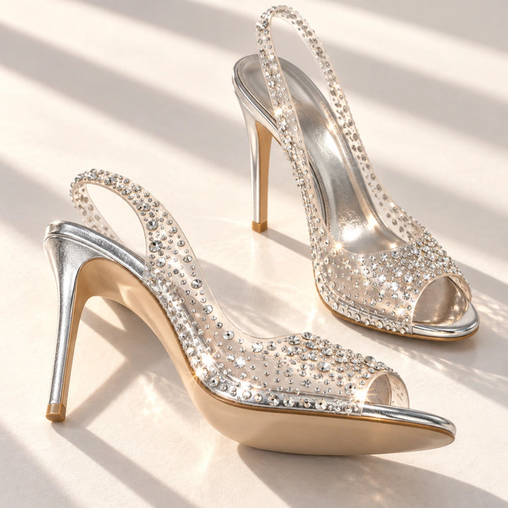 Gwen Rhinestone Clear Slingback Stiletto Heels - Silver