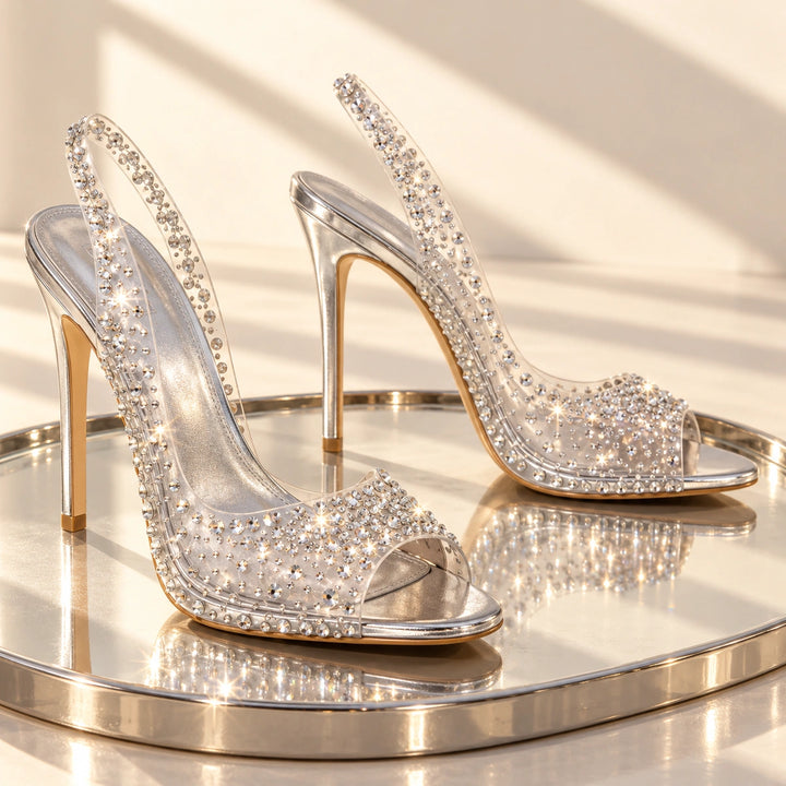 Gwen Rhinestone Clear Slingback Stiletto Heels - Silver