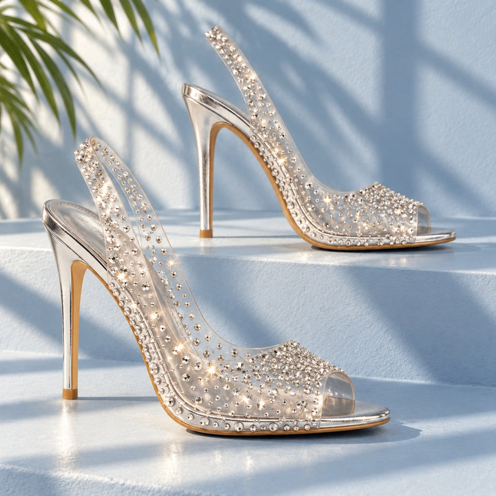 Gwen Rhinestone Clear Slingback Stiletto Heels - Silver