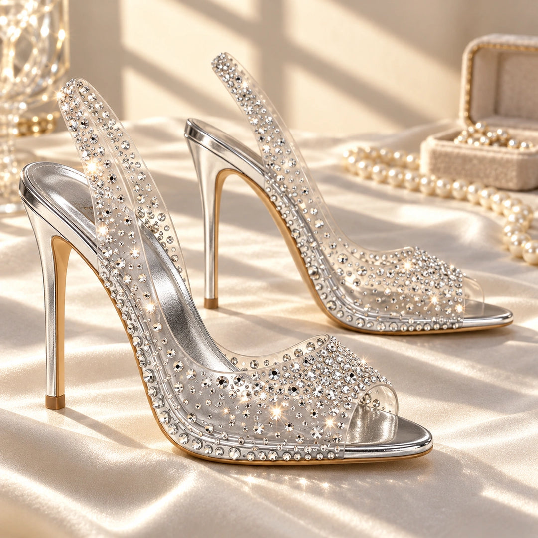 Gwen Rhinestone Clear Slingback Stiletto Heels - Silver