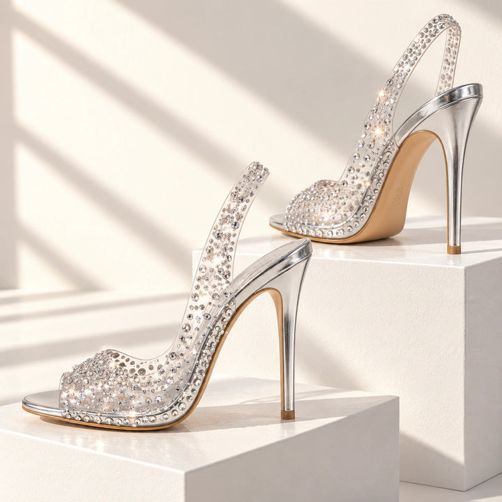 Gwen Rhinestone Clear Slingback Stiletto Heels - Silver