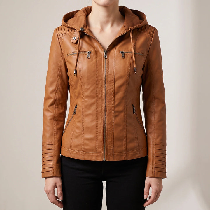 Gwendolen Hooded Moto Leather Jacket - Camel
