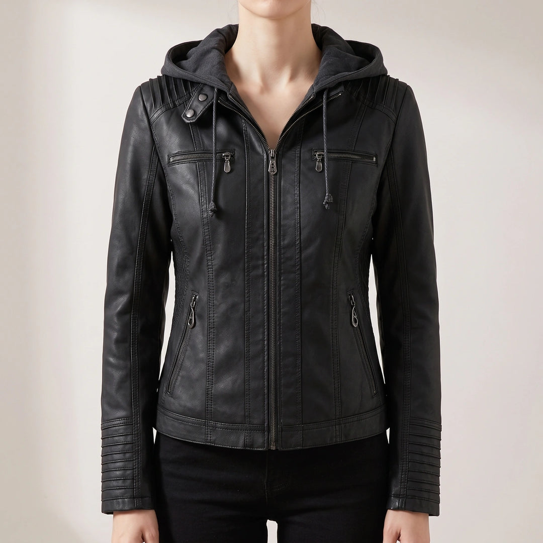 Gwendolen Hooded Moto Leather Jacket - Black