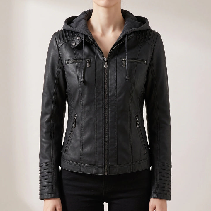 Gwendolen Hooded Moto Leather Jacket - Black