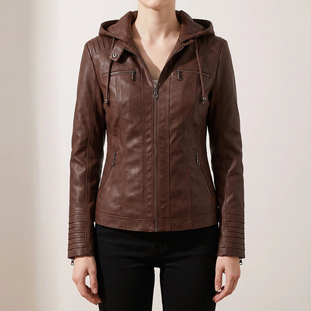 Gwendolen Hooded Moto Leather Jacket - Brown