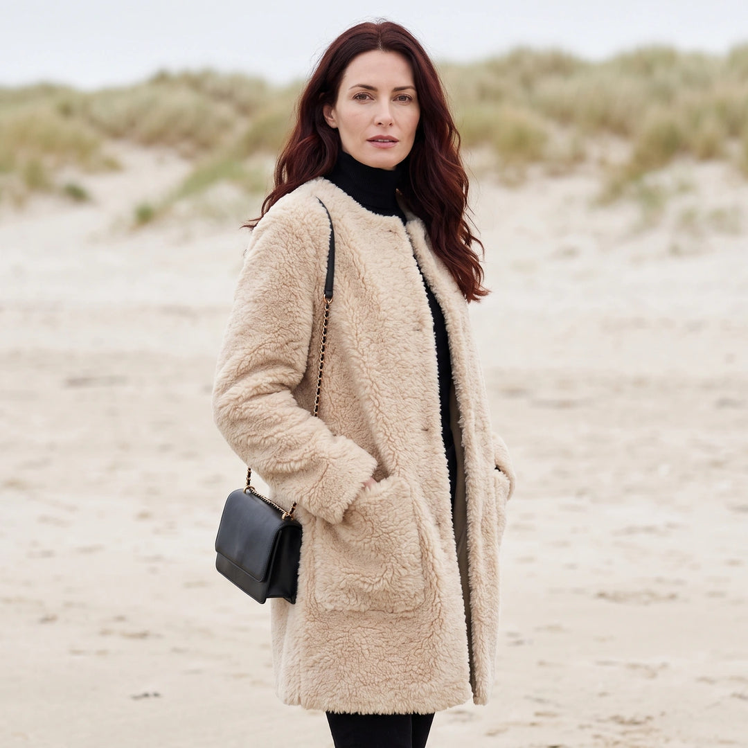 Gwendolyn Longline Sherpa Fleece Coat - Beige