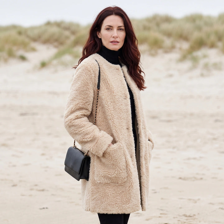Gwendolyn Longline Sherpa Fleece Coat - Beige