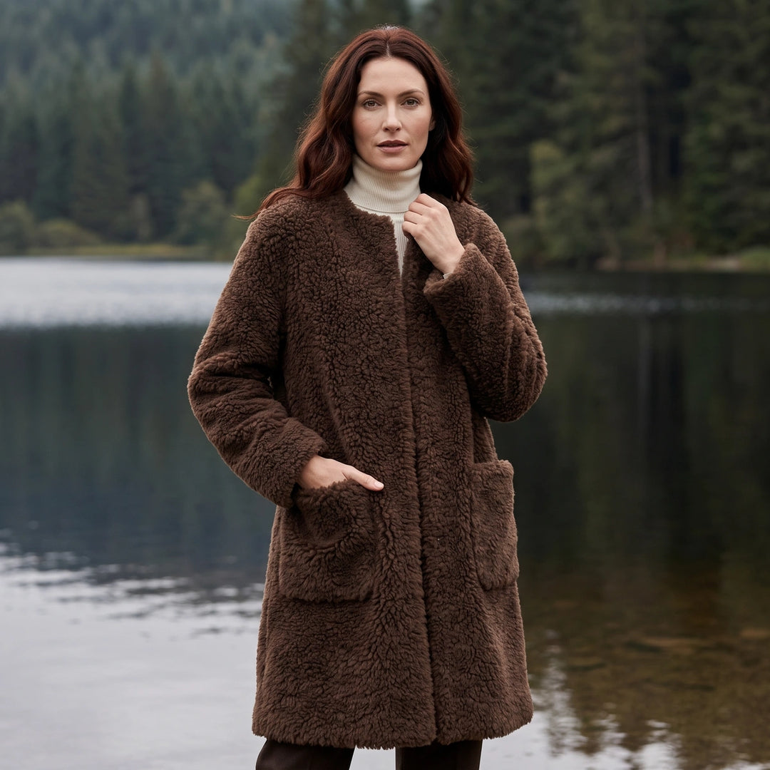Gwendolyn Longline Sherpa Fleece Coat - Brown