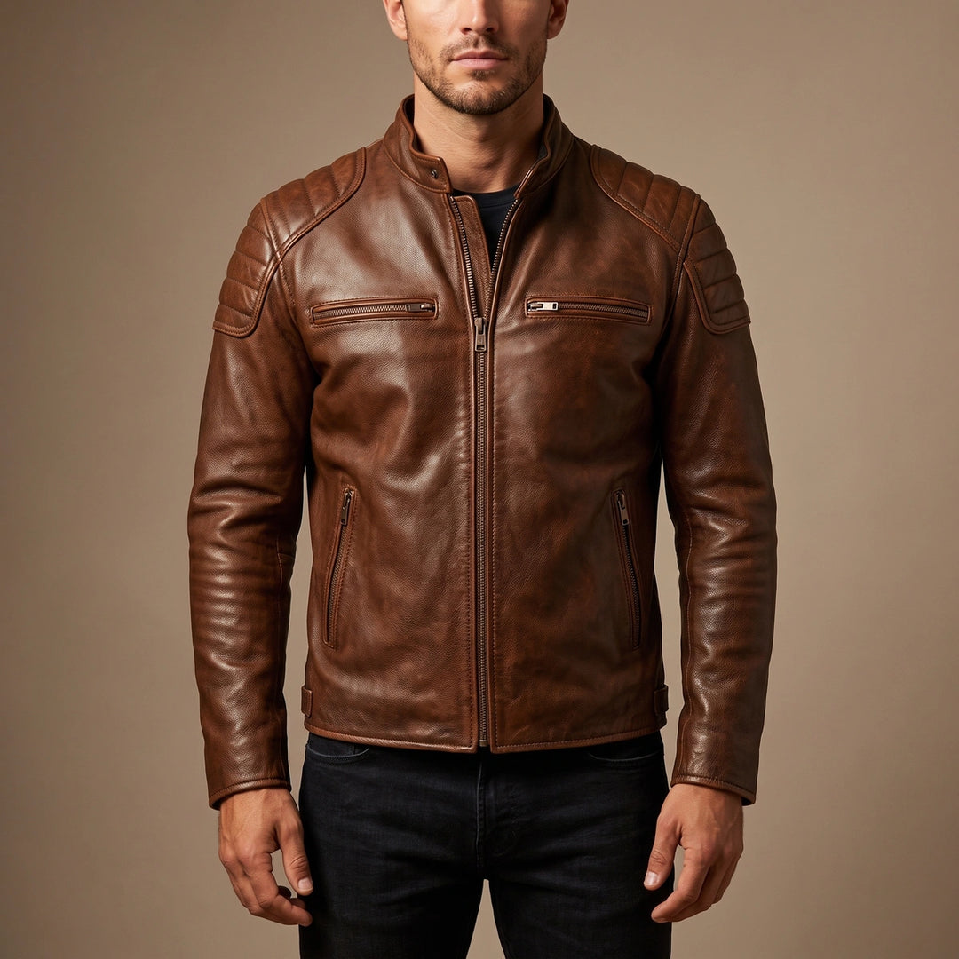 Hamish Classic Moto Leather Jacket - Brown