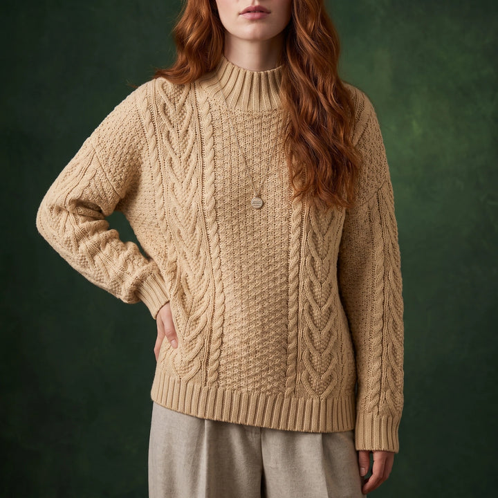 Harper Cable Knit Mock Neck Sweater - Beige