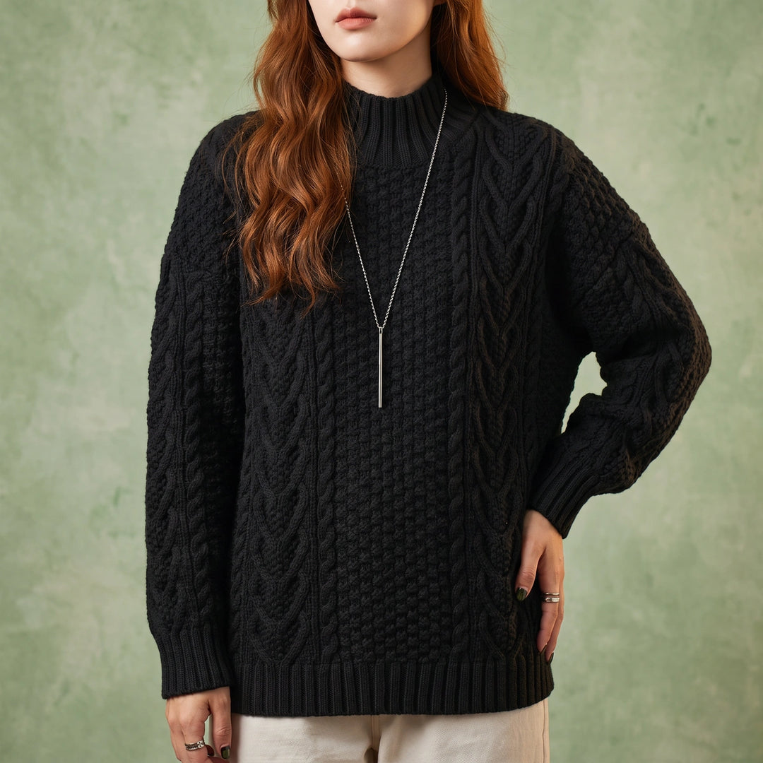 Harper Cable Knit Mock Neck Sweater - Black