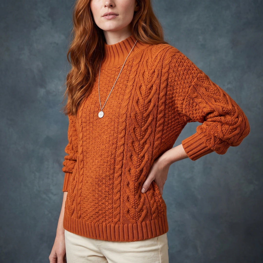 Harper Cable Knit Mock Neck Sweater - Orange