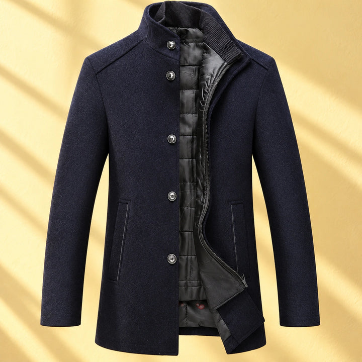 Harry Wool Blend Quilted Bib Mandarin Overcoat - Navy Blue