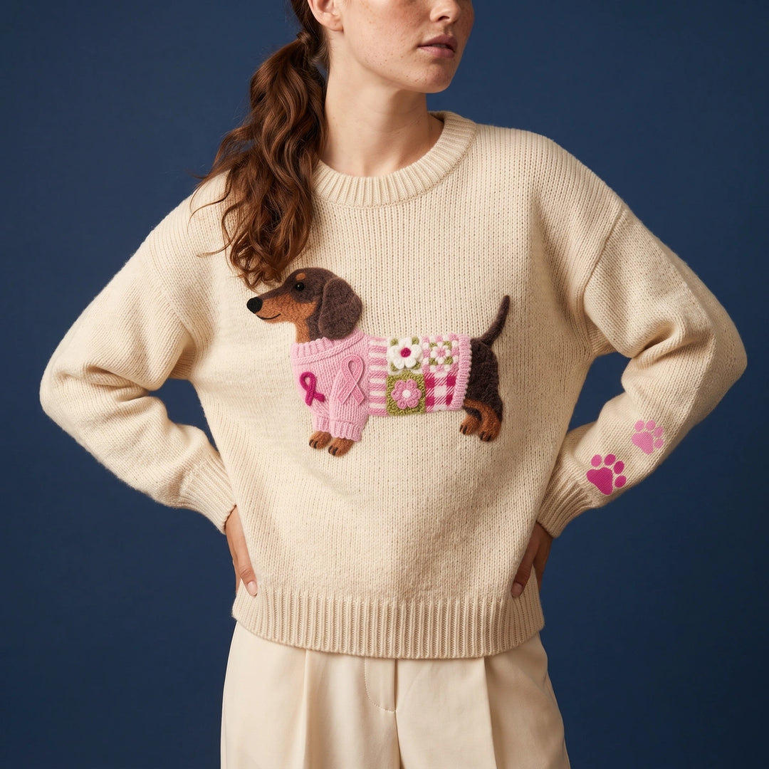 Hattie Dachshund Patchwork Knit Sweater - Beige
