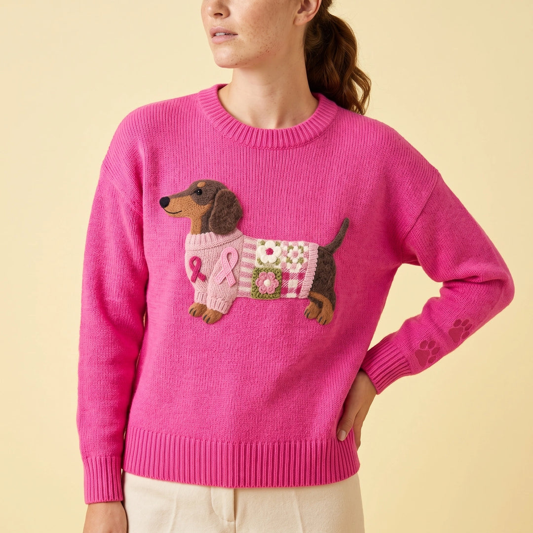 Hattie Dachshund Patchwork Knit Sweater - Dark Pink