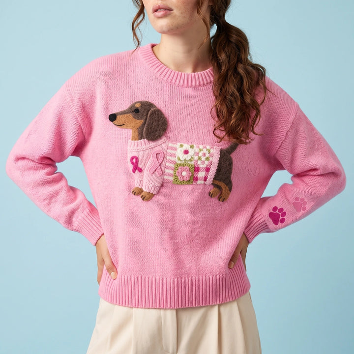 Hattie Dachshund Patchwork Knit Sweater - Pink