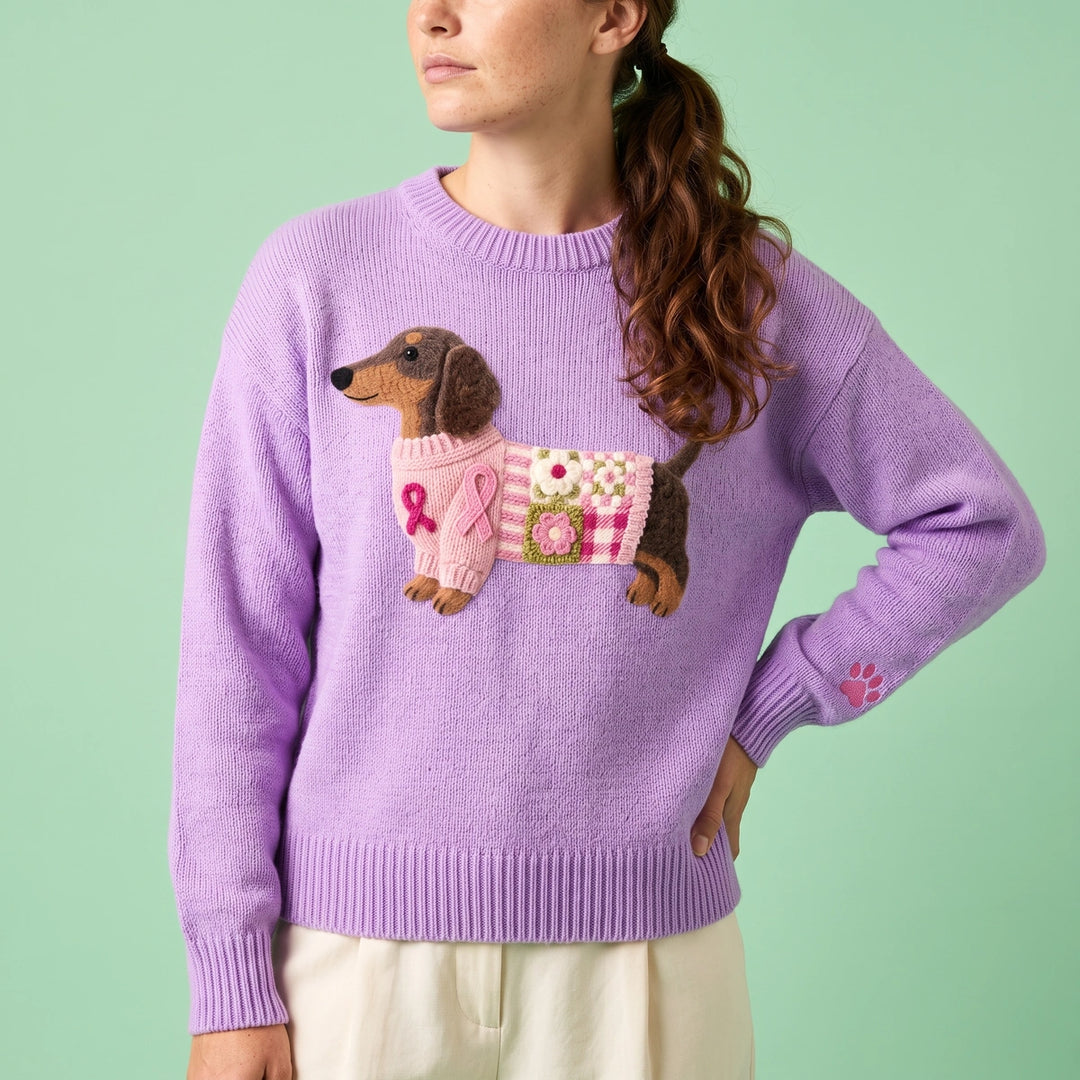 Hattie Dachshund Patchwork Knit Sweater - Purple