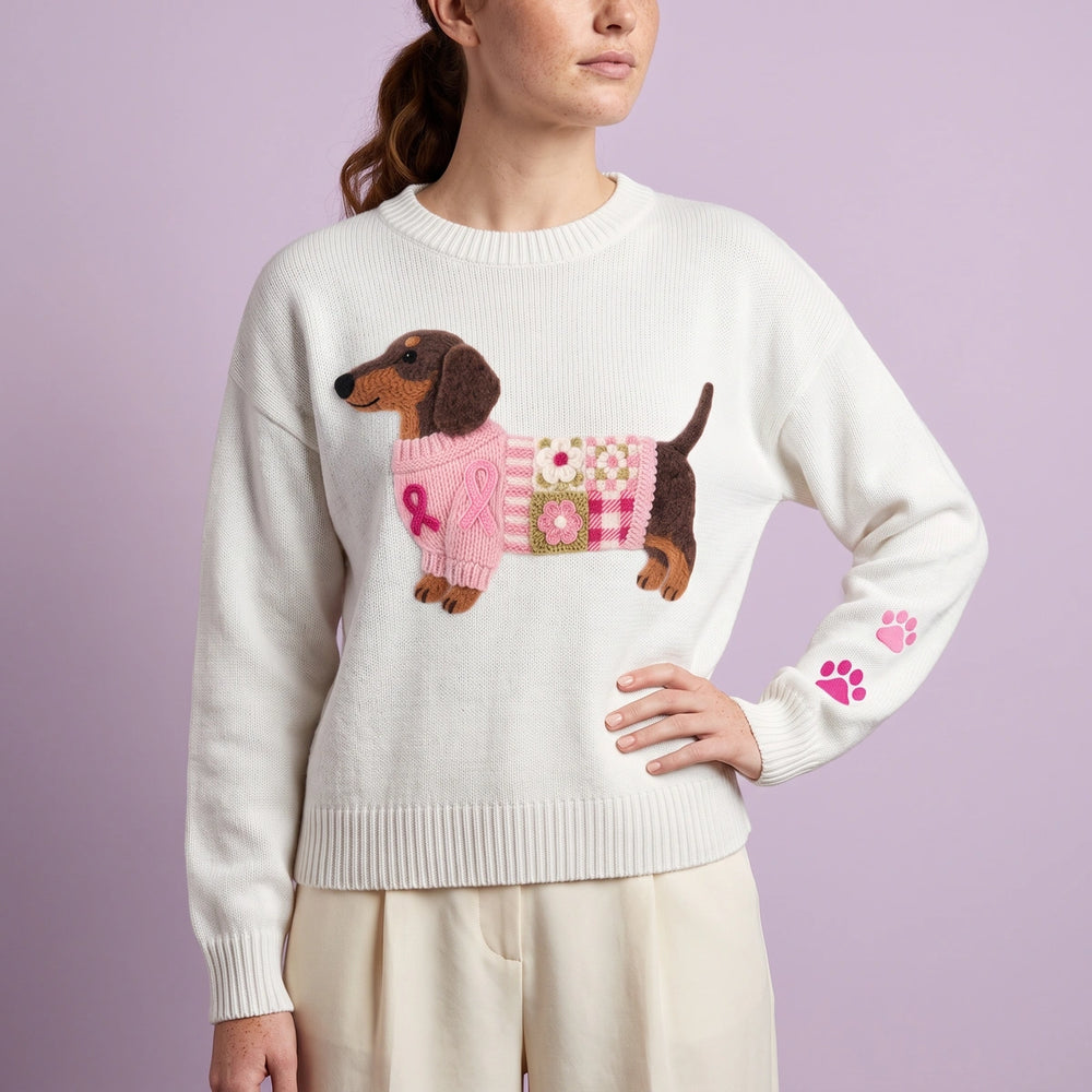 Hattie Dachshund Patchwork Knit Sweater - White
