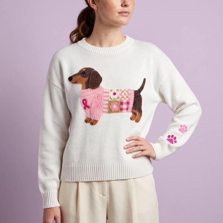 Hattie Dachshund Patchwork Knit Sweater - White