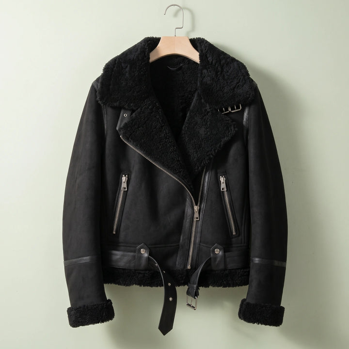 Hazel Suede Shearling Aviator Jacket - Black