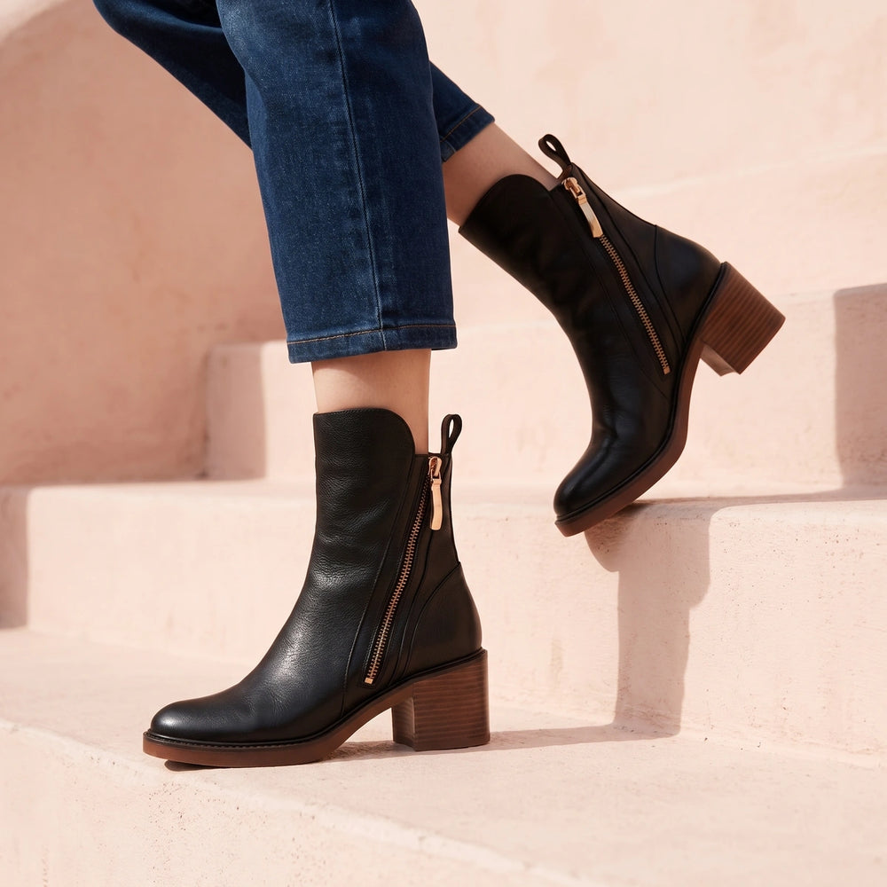 Hedda Leather Zip Block Heel Ankle Boots - Black