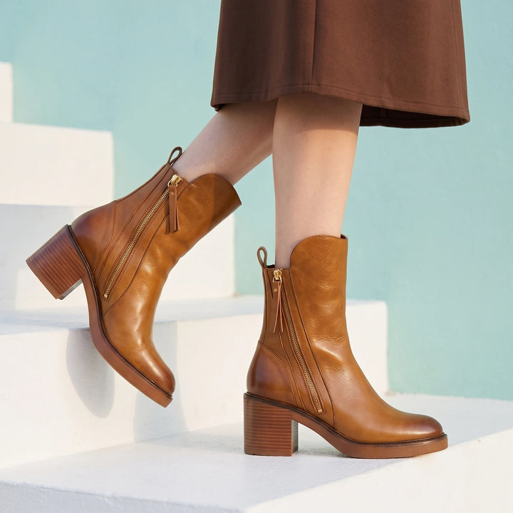 Hedda Leather Zip Block Heel Ankle Boots - Brown