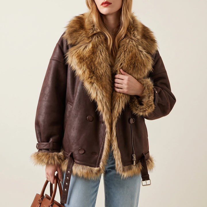 Hortense Faux Fur Collar Leather Jacket