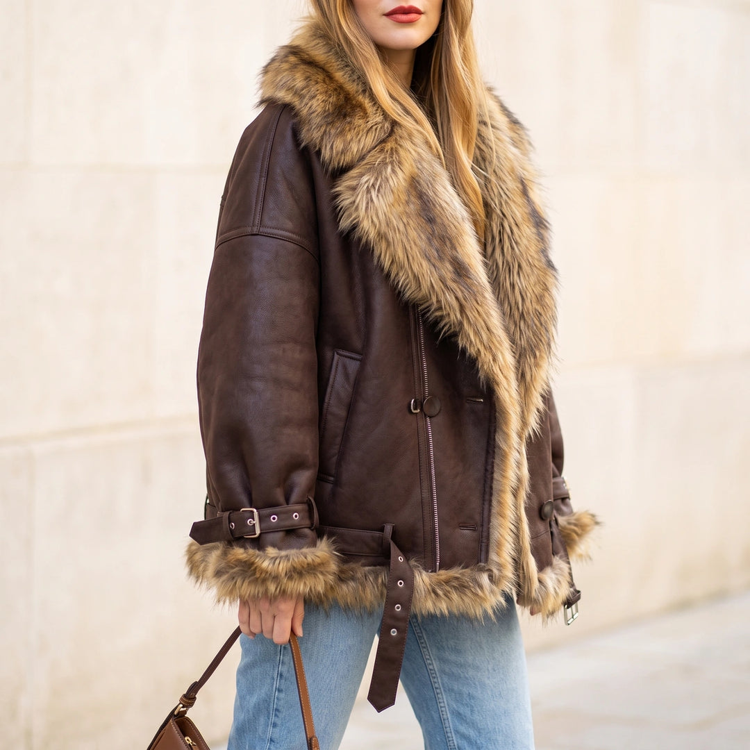 Hortense Faux Fur Collar Leather Jacket