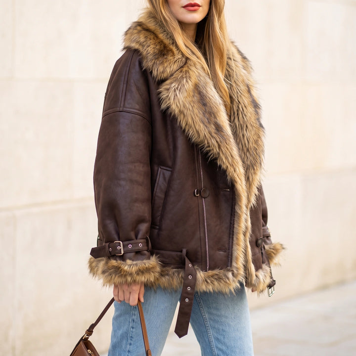 Hortense Faux Fur Collar Leather Jacket